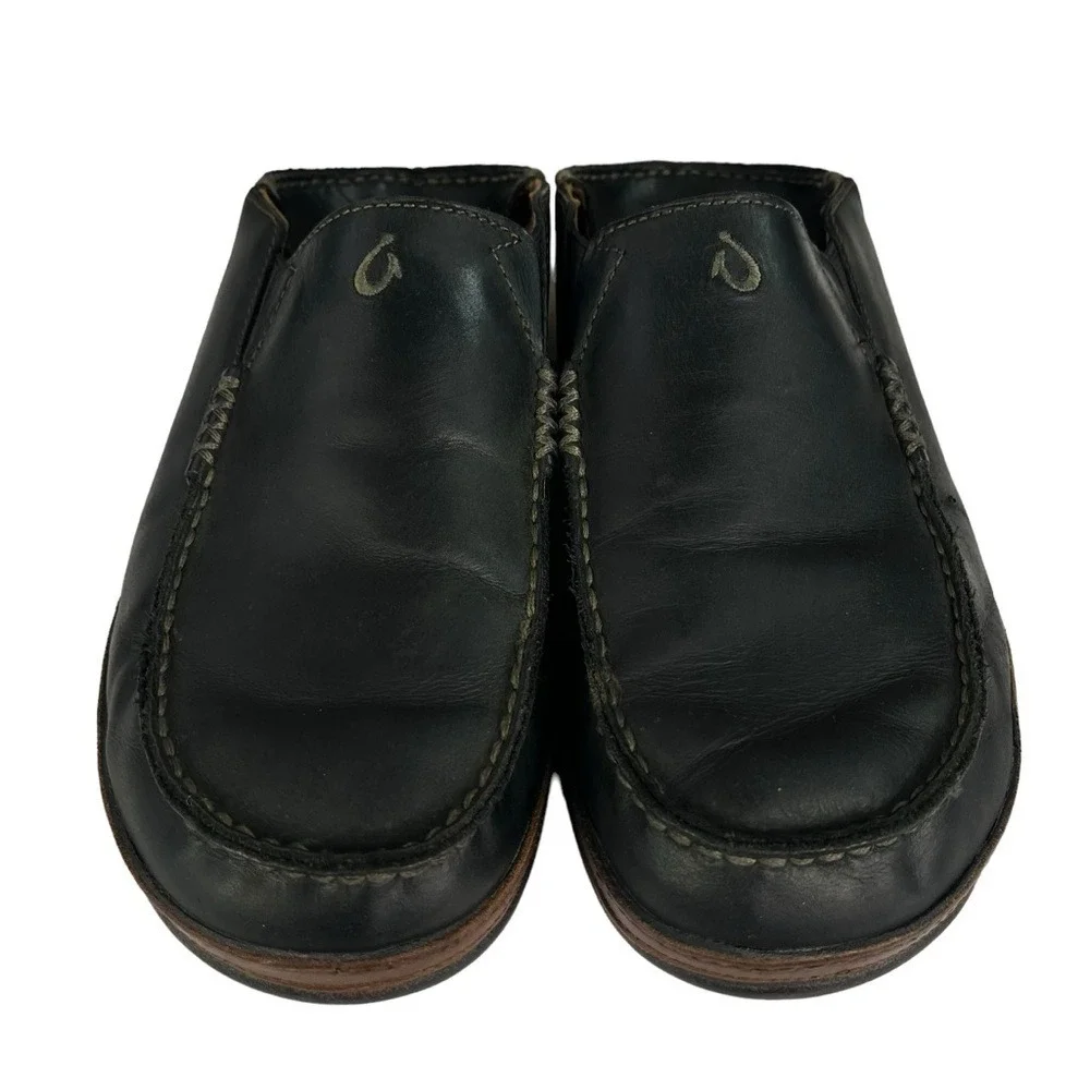 Olukai Maloa Loafers Mens 9.5 Black Leather Back Drop Heels‎ Shoes